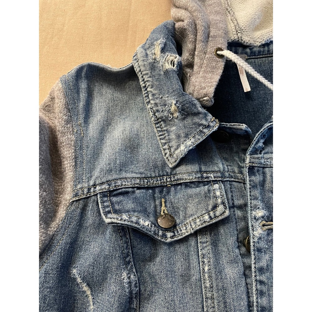Free People Knit Hooded Denim Jacket Size L Distressed Jean Jacket Tomboy Edgy - Picture 9 of 14